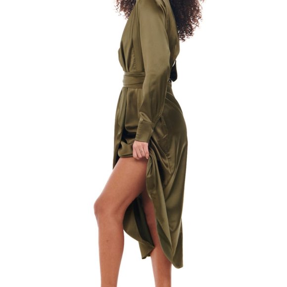 Never Fully Dressed Olive Green / Khaki Satin Wrap Dress - Size 8, Khaki - Picture 5 of 7